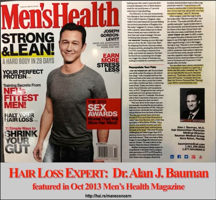 Men’s Health Magazine “NeoGraft FUE Hair Transplant” article features Dr Bauman