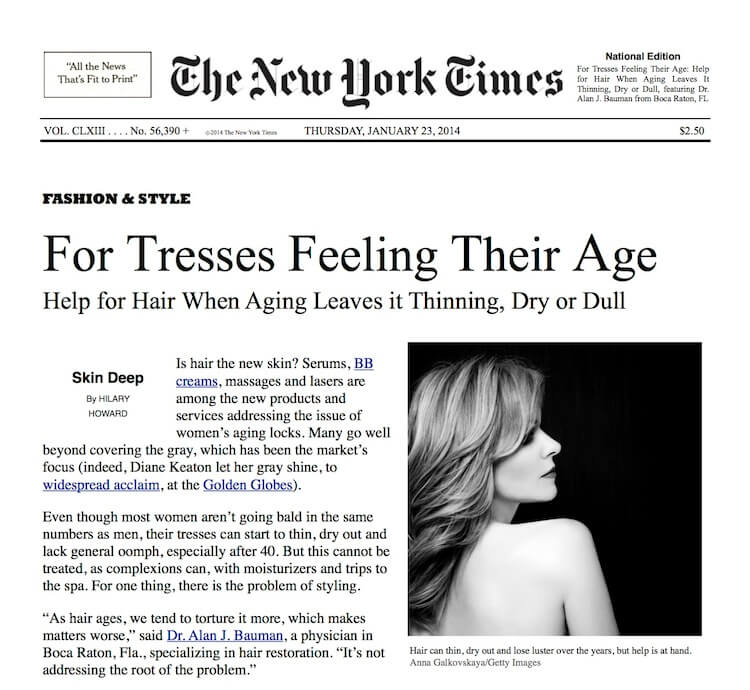 The New York Times newspaper article on “Aging Hair” quotes Dr Bauman