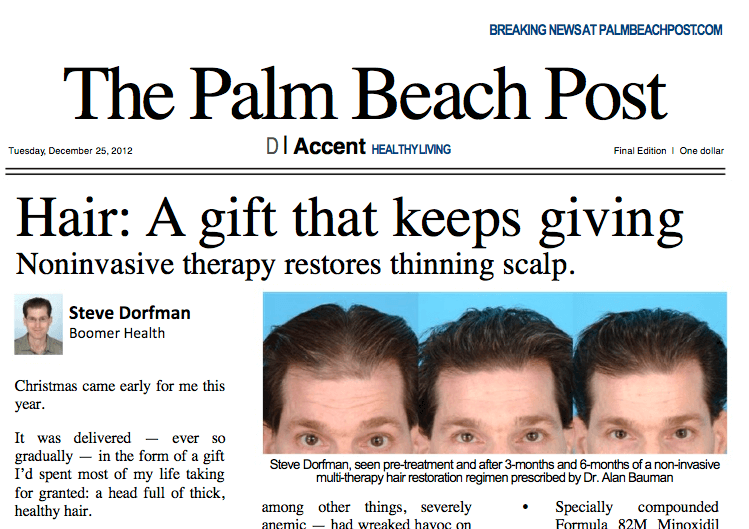 The Palm Beach Post “Hair: A gift that keeps giving” article features Dr Bauman