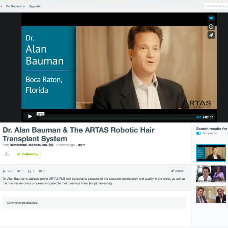 Watch video: Dr. Bauman discusses the benefits of an ARTAS robotic assisted hair transplant procedure.