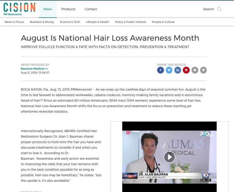 PRESS RELEASE: August is National Hair Loss Awareness Month – Detection Prevention and Treatment