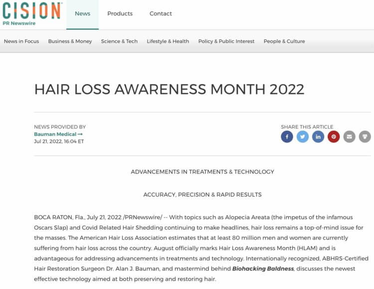 PRESS RELEASE: Hair Loss Awareness Month 2022 – Advancements In Treatments & Technology: Accuracy, Precision, & Rapid Results