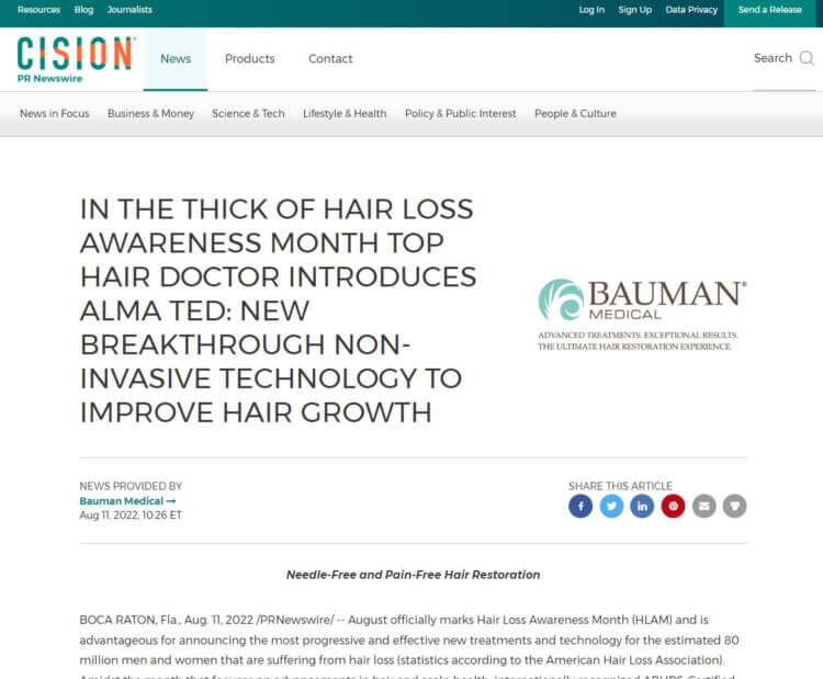 In the Thick of Hair Loss Awareness Month Top Hair Doctor Introduces Alma TED: New Breakthrough Non-Invasive Technology to Improve Hair Growth