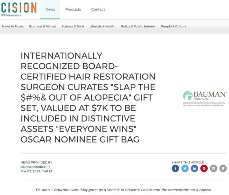 PRESS RELEASE: Dr. Bauman curates “Everyone Wins Hair Gift Bag” to be included in the Oscar Nominee Gift Bag for this year’s Academy Awards